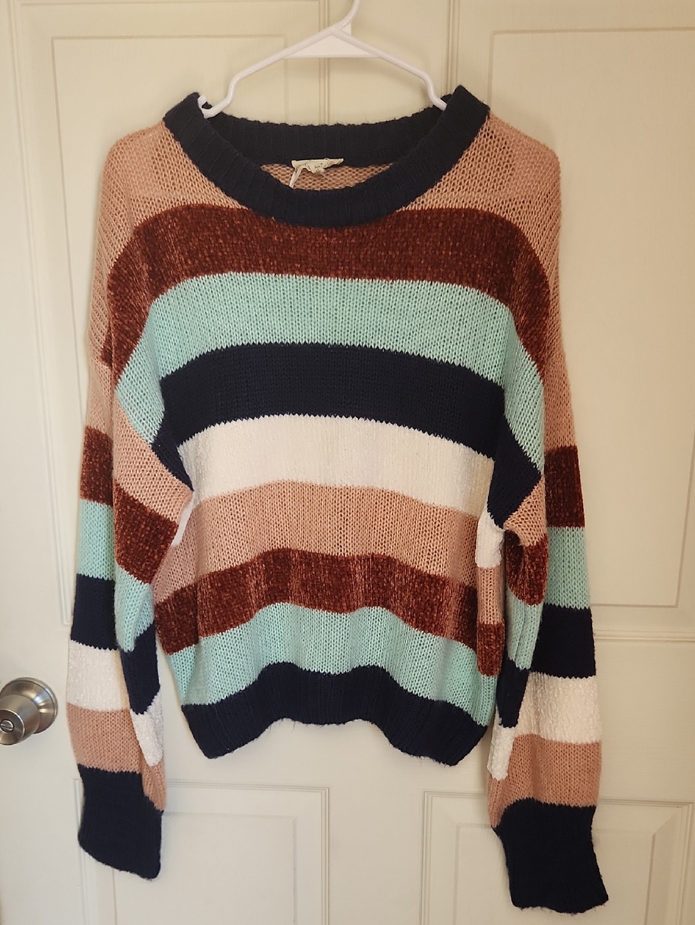 LA MIEL Striped Crewneck Sweater in Navy, Mint, Tan, Brown & Cream